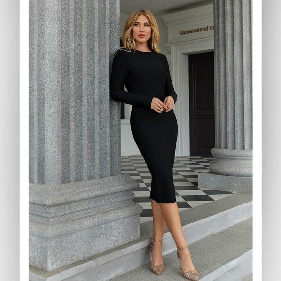 LONG SLEEVE ZIP BACK SLIT BODYCON BANDAGE MIDI DRESS - BLACK - Picture 5 of 17